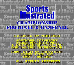 Sports Illustrated Championship Football & Baseball title screen for Super Nintendo